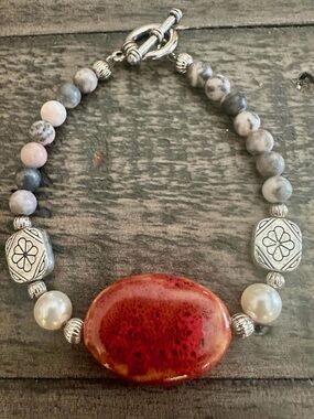 Handcrafted Red Focal Bead and Agate Statement Bracelet 8.5 in